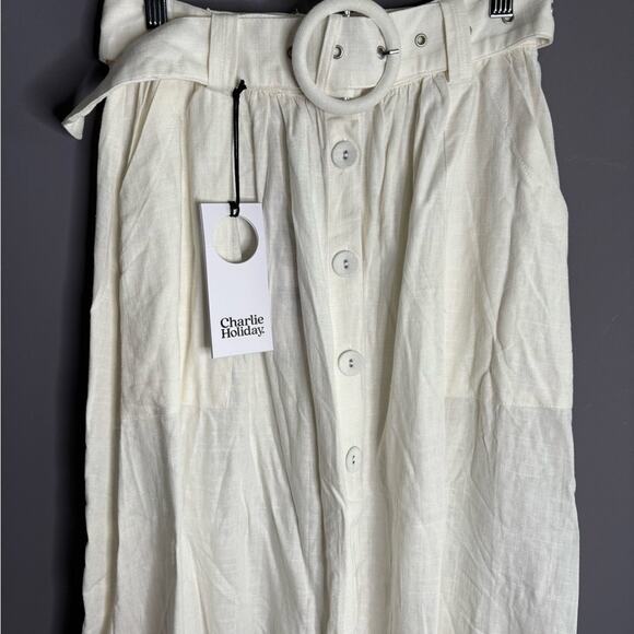Charlie Holiday White Button Front Linen Belted Skirt Size 4 - Picture 2 of 6